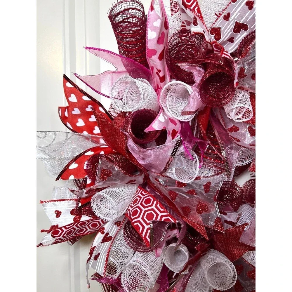 Handmade 22” Valentine’s Day Ribbon Mesh Wreath Hearts in Red & Pink w23